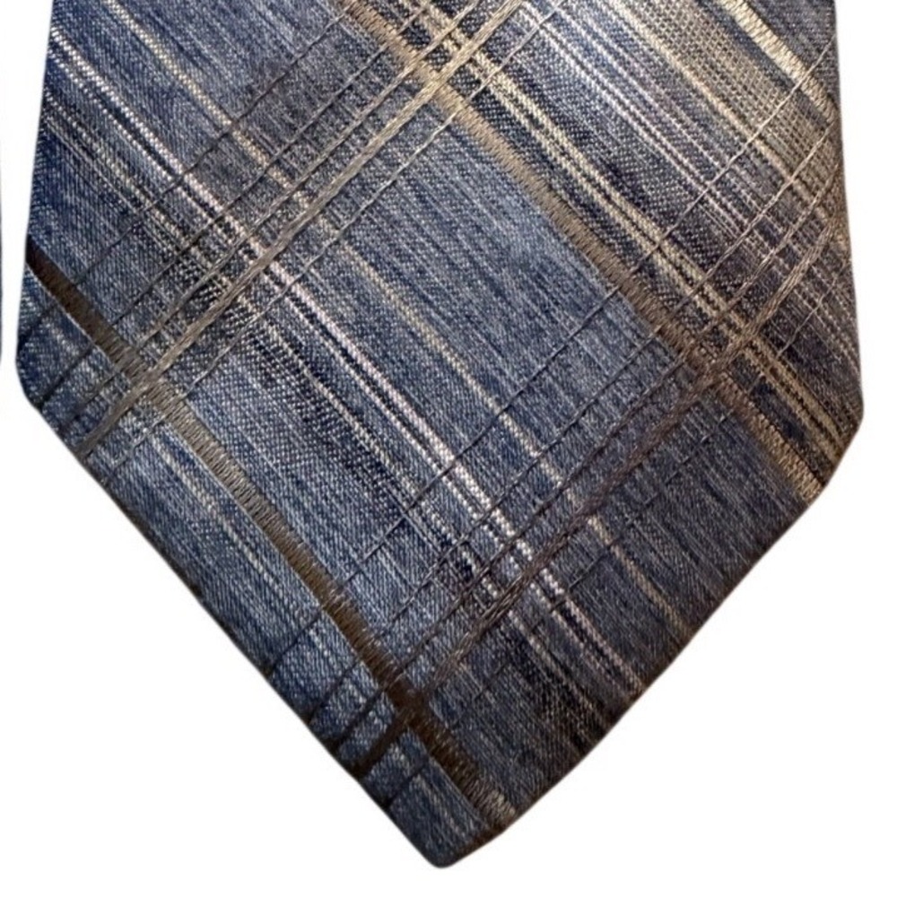 Vintage Sears Fashion Collection Mens Blue Grey Textured Plaid Silk Blend Tie